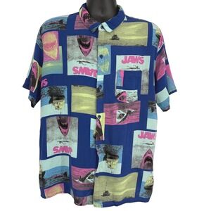 Jaws Movie Shark Print Button Front Camp Shirt Blue Pink Mens LG Novelty Retro